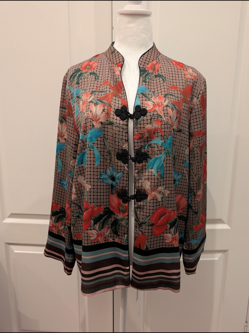 Zara Floral Mandarin-Collar Tunic Jacket - Coral & Teal